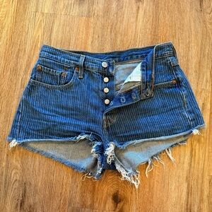 Levi's Jean Shorts Women's 29 501 Blue Pinstripe Cut Off Cotton Denim Jorts VTG